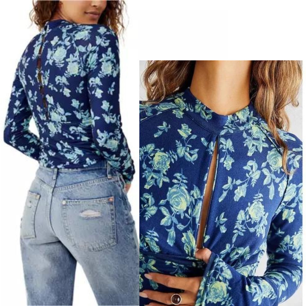 Free People Printed Dinner Party Top Blue Indigo Combo Combo NWT Extra Small - Picture 2 of 2